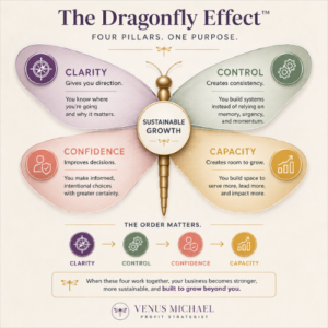 The Dragonfly Effect framework showing Clarity, Control, Confidence, and Capacity as four pillars of sustainable business growth.
