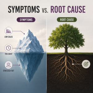 Business problem graphic comparing visible symptoms such as low sales, overwhelm, and stress with the deeper root cause beneath the surface.