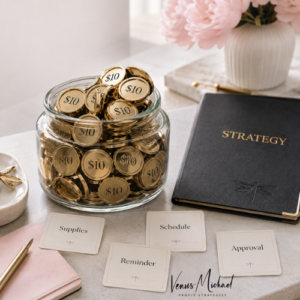 Jar of $10 decision tokens beside routine approval cards showing how CEOs avoid decision fatigue
