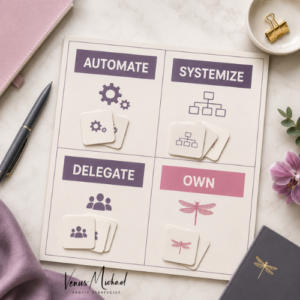 Decision audit showing how CEOs avoid decision fatigue by sorting choices into automate, systemize, delegate, and own