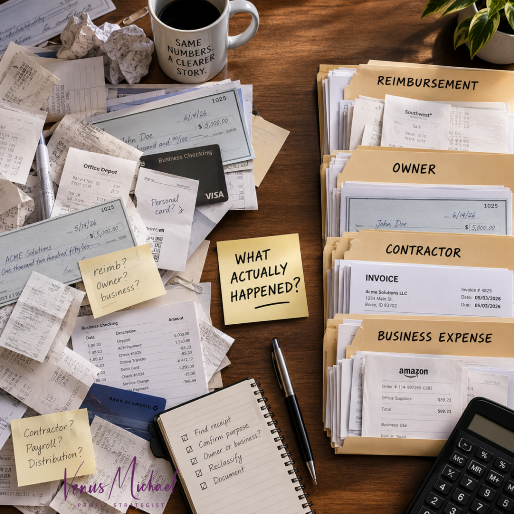 Bookkeeping cleanup with checks, receipts and financial records